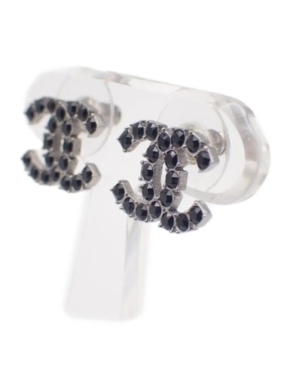 Chanel CC Logo Earrings 18 Metal Crystal Black Coco Silver Simple Rhinestone